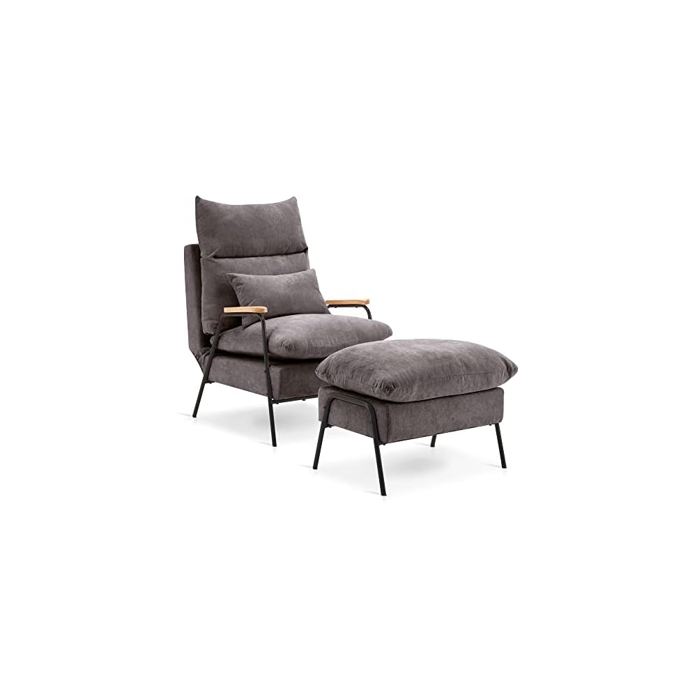 Accent Recliner Chair with Ottoman, Modern Fabric Armchair, Upholstered Sofa Bed for Living Room Bedroom, Small Space 4055 (Black Frame, Brown)