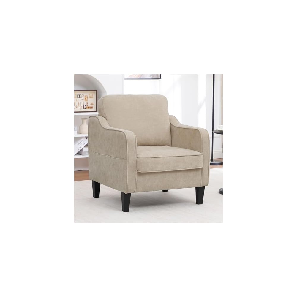 Accent Chair for Living Room, Mid Century Modern Reading Chair for Bedroom, Upholstered Armchair with Side Pockets, Comfy Single Sofa Side Chair for Office, Apartment, Small Room, Light Brow