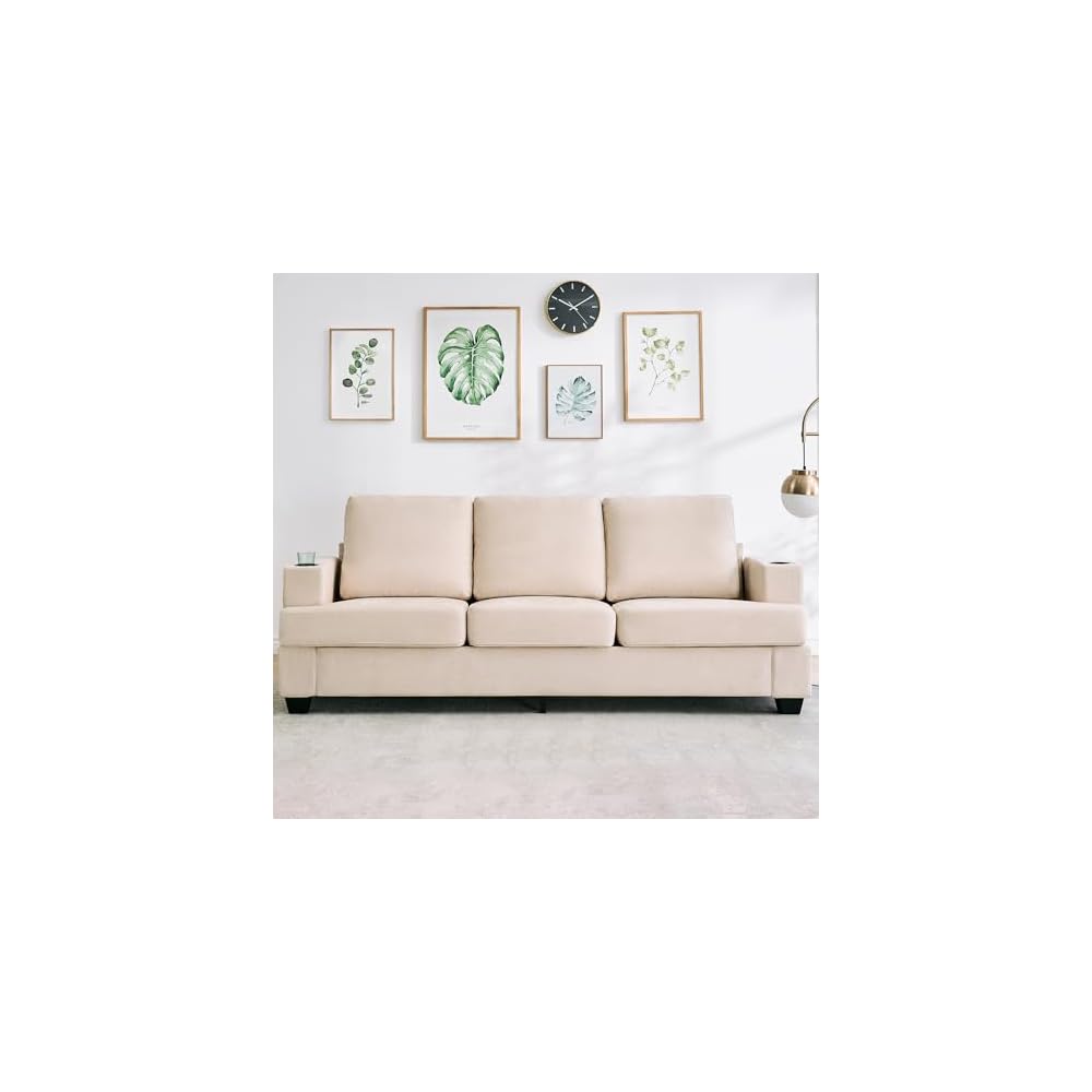 Chenille Sofa for Living Room, 89-Inch Comfy Couch with Deep Seat, Modern 3-Seater Sofa with Cup Holders and Side Storage Pockets for Apartment Lounge in Beige