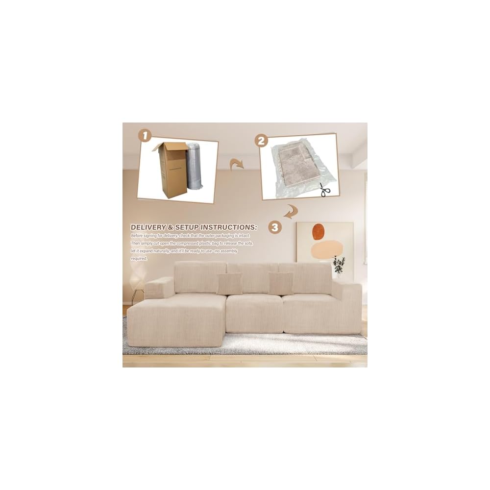 Boneless Couches for Living Room L-Shape Chaise Cloud Couch Modular Sectional 3 Pieces Deep Seat 111" Compressed Couches for Living Room Bedroom with Plush Corduroy Fabric No Assembly Required, Khaki