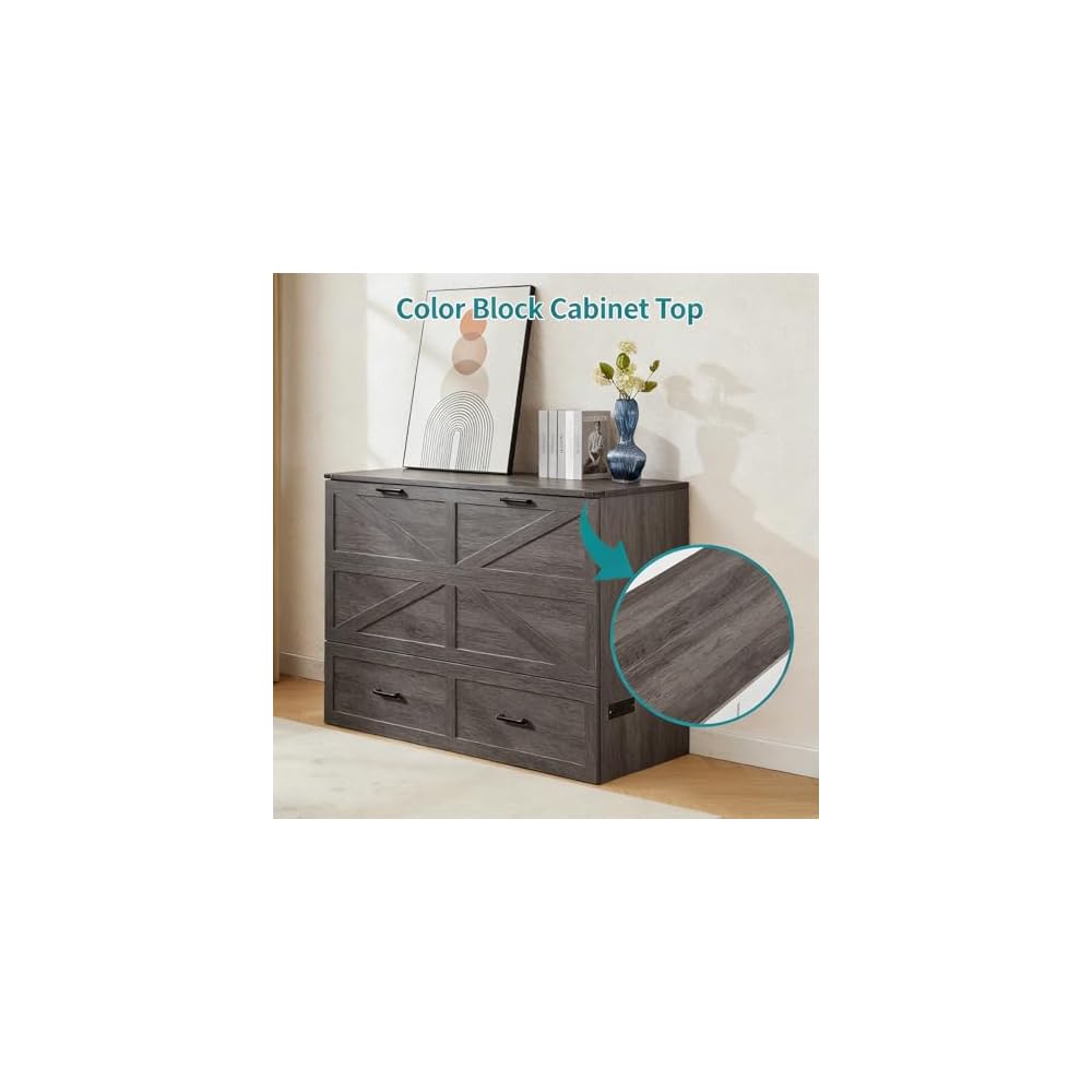 Murphy Bed, Full Farmhouse Cabinet with Charging & Storage, Rustic Grey