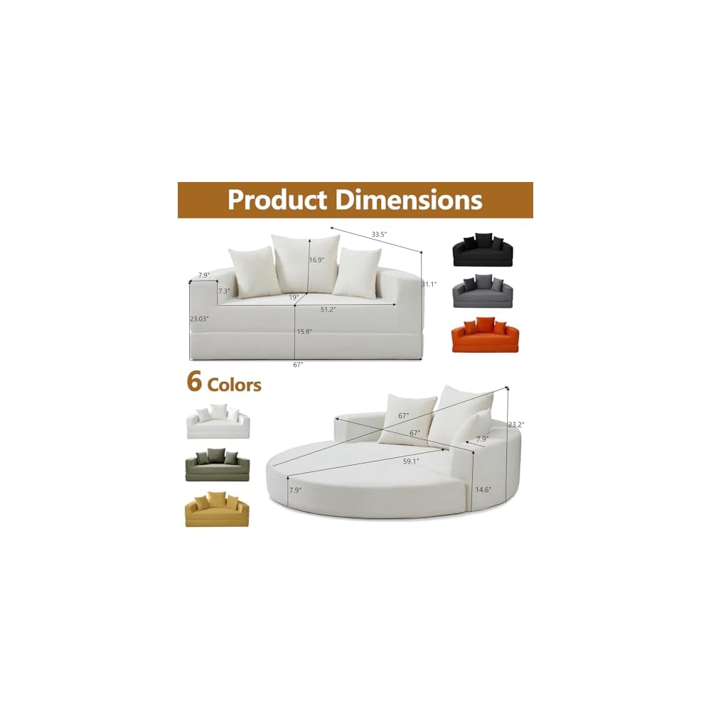 67" Convertible Sleeper Sofa Bed Upholstered Round, White Boneless Folding Sofa Bed Couch for Living Room Oversized Round Reading Chair for Bedroom Apartment