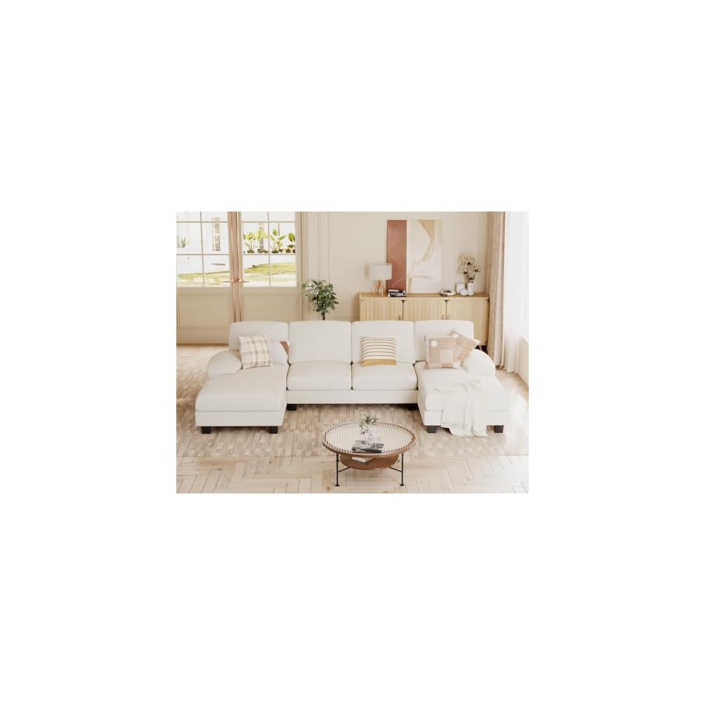 Sectional Couches for Living Room, U Shaped Couch with Chenille Fabric, 4 Seat Modern Sofa with Removable Pillows for Apartment and Small Space (Fabric, White)