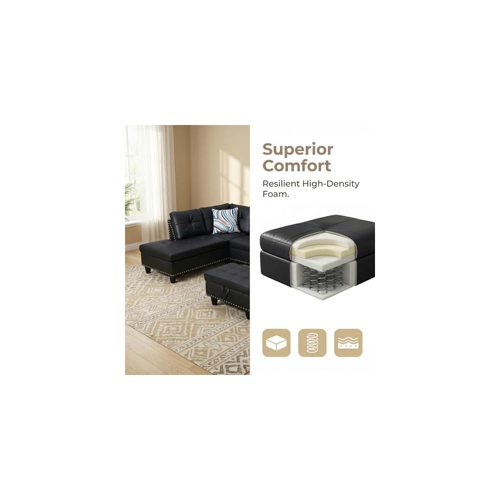 Leather 3-Piece L-Shaped Couches for Living Room, Sectional Sofa with Storage Ottoman & Movable Chaise, Modular Convertible Couch for Bedroom & Apartment, Midnight Black