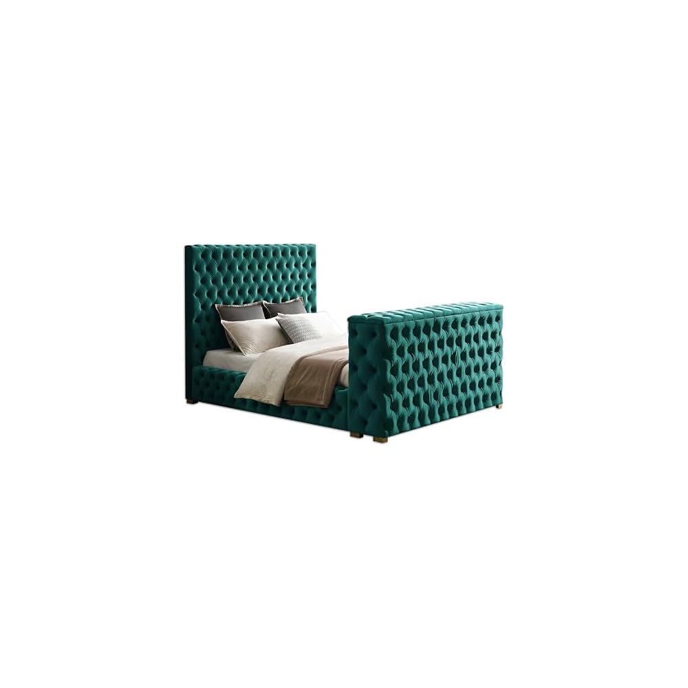 Velvet King Bed - Tufted Upholstered Bed Frame with TV Stand & Fireplace in Footboard - Soft Velvet Fabric for Comfy Experience - Suitable for TV up to 50”, (Green)