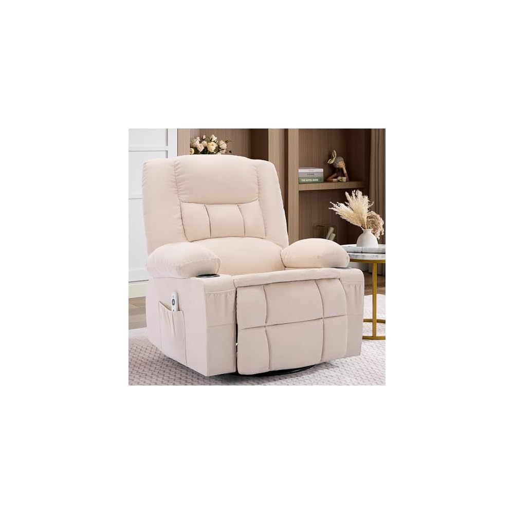 Rocker Recliner Chair with Massage and Heat, Nursery Rocking Chairs for Living Room, Ergonomic Comfy Relining Chair with Cup Holders, USB Charge Port, Side Pockets, Comfortable Arm, Single Sofa, Beige