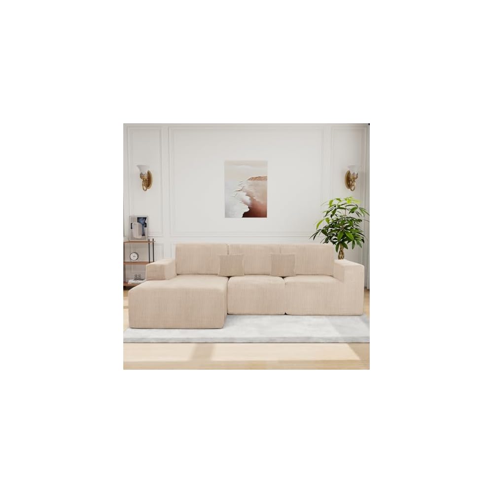 Boneless Couches for Living Room L-Shape Chaise Cloud Couch Modular Sectional 3 Pieces Deep Seat 111" Compressed Couches for Living Room Bedroom with Plush Corduroy Fabric No Assembly Required, Khaki