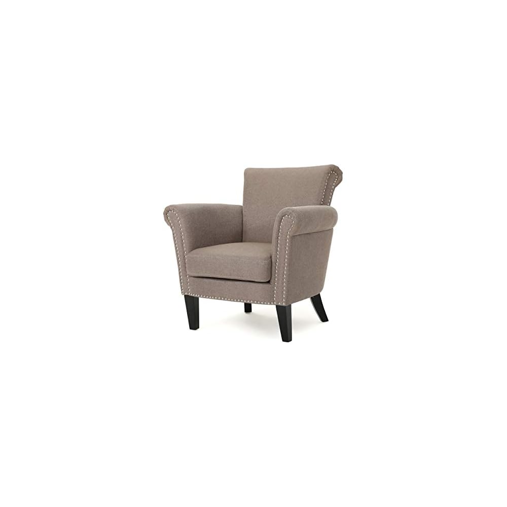 Brice Vintage Scroll Arm Studded Fabric Club Chair, Light Coffee / Dark Brown, 31D x 29.5W x 31.5H in