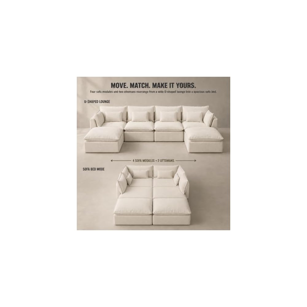 130 Inch Boneless Cloud Couch with 2 Ottomans, Compressed 4 Seat Modular Sectional Sofa, Fully Foam Couch for Large Living Room, Waffle Knit Fabric, No Hard Frame Sofa with 6 Pillows, White