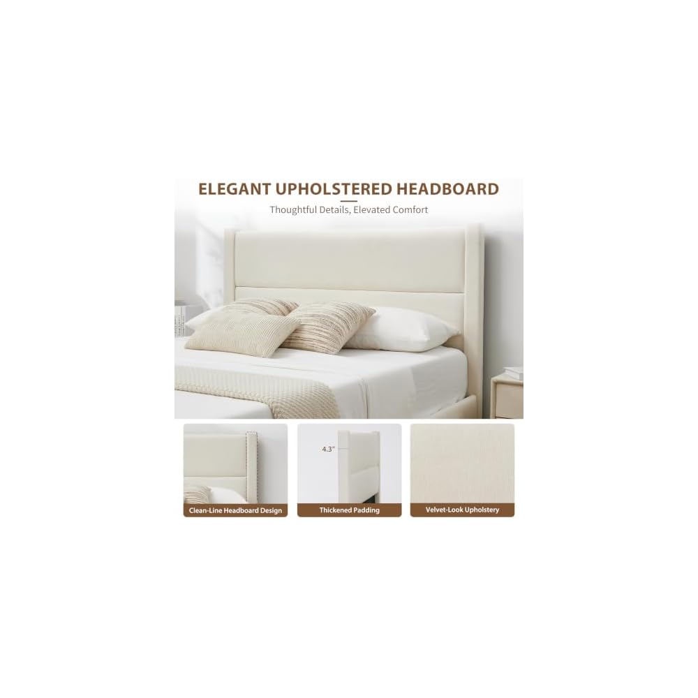 Full Size Lift Up Storage Bed Frame, Velvet-Look Upholstered Platform Bed with Clean-Lined Headboard, Hydraulic Lift, No Box Spring Needed, Cream White