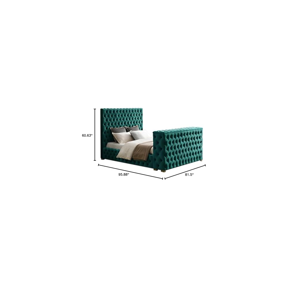 Velvet King Bed - Tufted Upholstered Bed Frame with TV Stand & Fireplace in Footboard - Soft Velvet Fabric for Comfy Experience - Suitable for TV up to 50”, (Green)