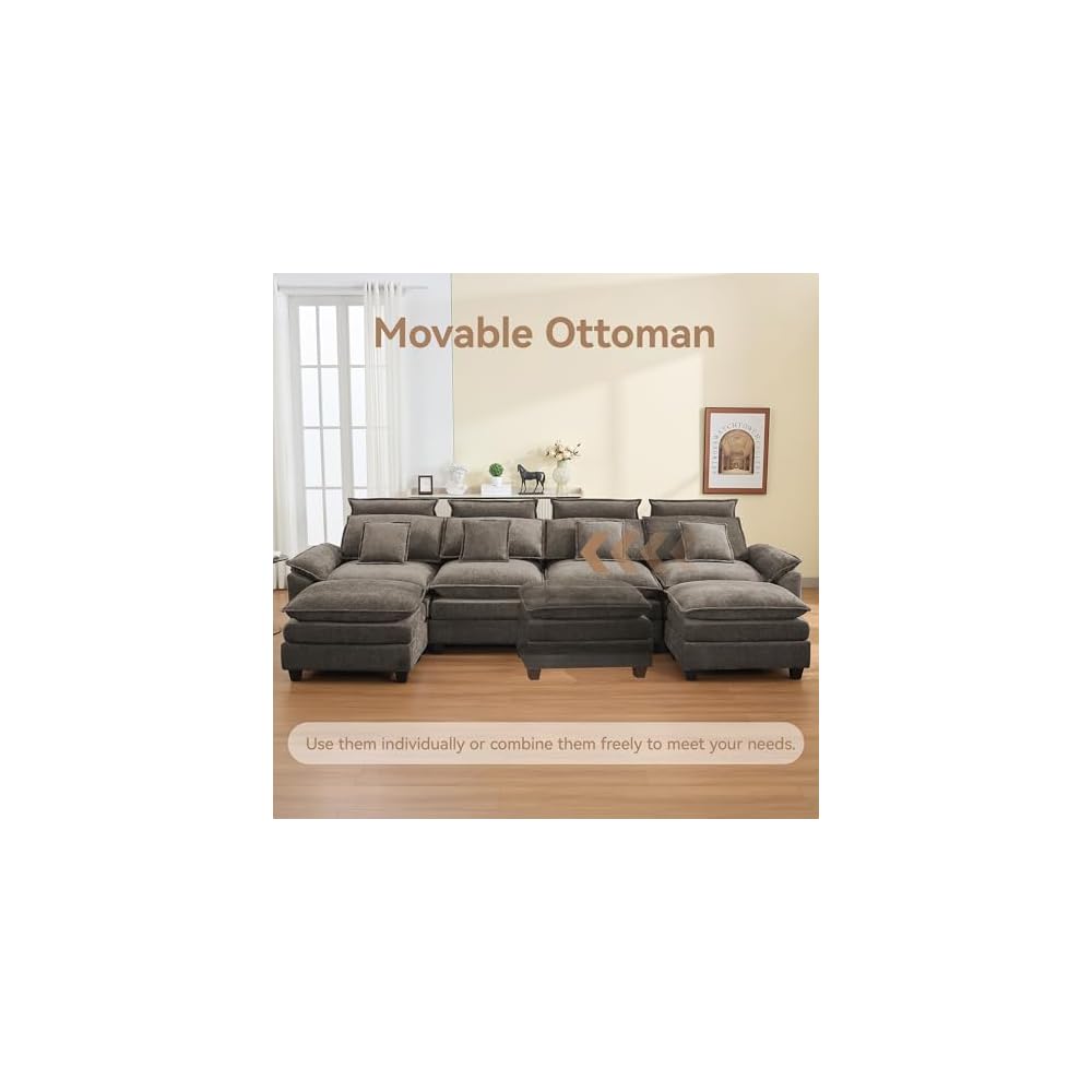 134'' Cloud Modern 4 Seater Couch with Detachable Headrest, Modular Sectional Sofa with 2 Ottomant, Oversized U Shape Chenille Comfy Sofa with Armrests for Living Room, Brown