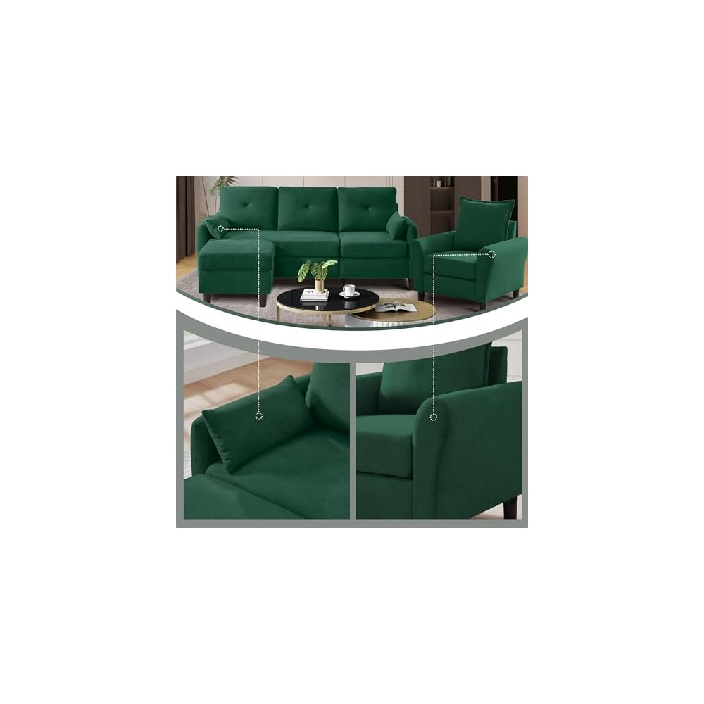 2 PCS Sectional Sofa Set, Convertible Sofa and Accent Chair, Small 3 Seat L Shaped Couch with Storage Ottoman and Side Pockets, Modern Couch for Living Room, Office, Apartment, Green