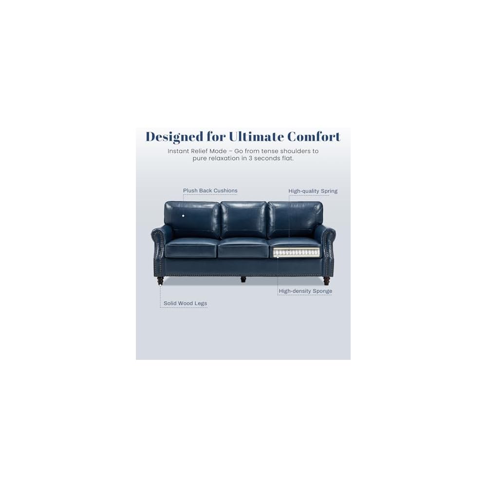 Faux Leather Sofa, Mid Century Modern Couch with Rolled Arm & Nailhead Trim for Living Room, Office - Blue