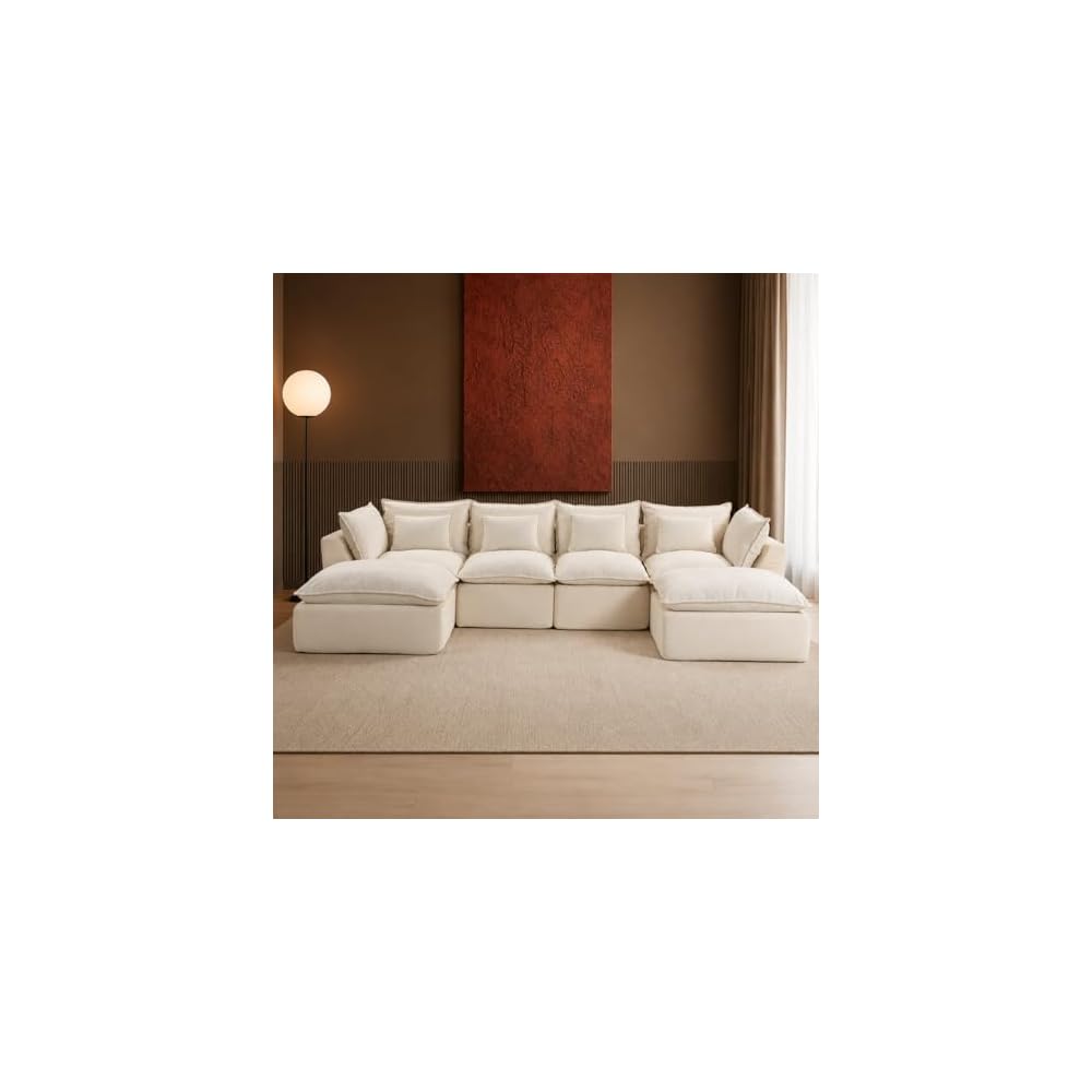 130 Inch Boneless Cloud Couch with 2 Ottomans, Compressed 4 Seat Modular Sectional Sofa, Fully Foam Couch for Large Living Room, Waffle Knit Fabric, No Hard Frame Sofa with 6 Pillows, White