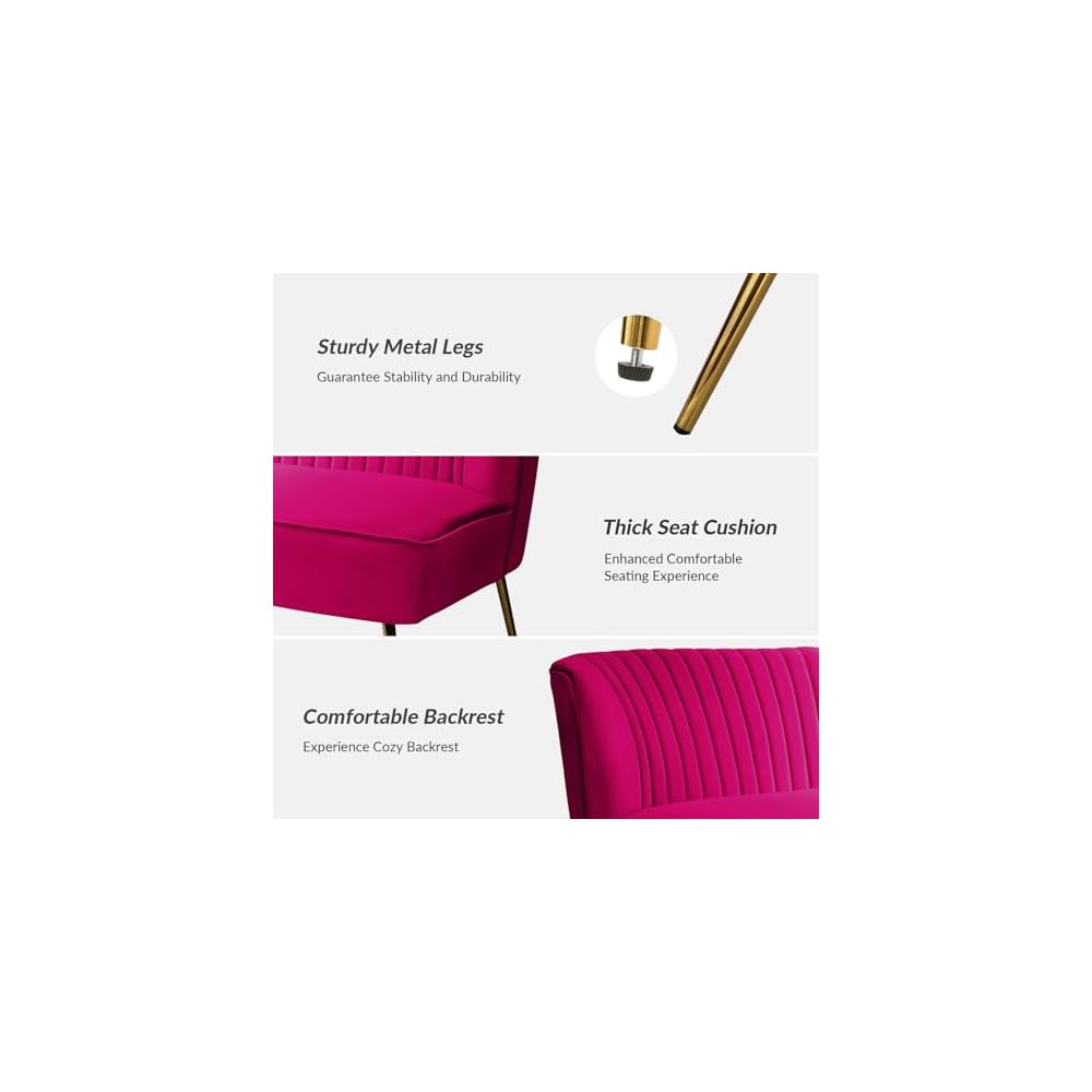 Contemporary Velvet Loveseat Sofa, Upholstered Loveseat Couch with Golden Metal Legs, Small Tufted 2-Seat Sofa Armless Love Seat for Living Room, Bedroom, Apartment Small Spaces, Fuchsia