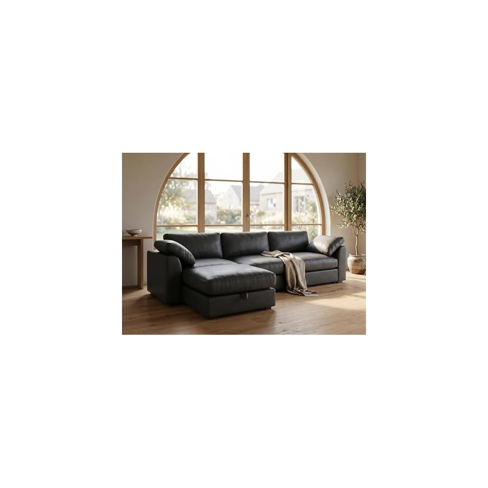 120" Oversized Cloud Modular Sectional Sofa for Living Room, L Shaped Cloud Couch with Storage Ottoman, Premium Faux Leather Sofa, Down-Filled Wide Deep Seat, Tool Free Assembly, Black