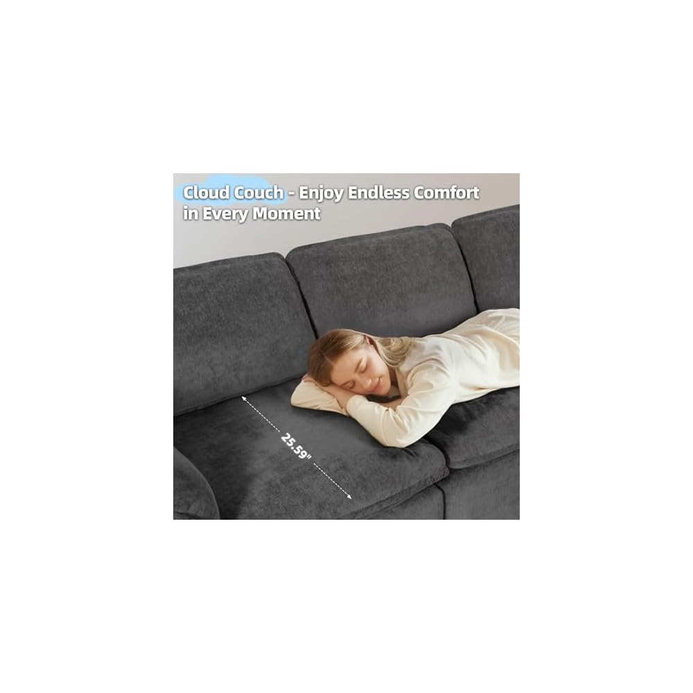 112" Cloud Couch with Padded Armrests & Moveable Ottoman Dark Grey