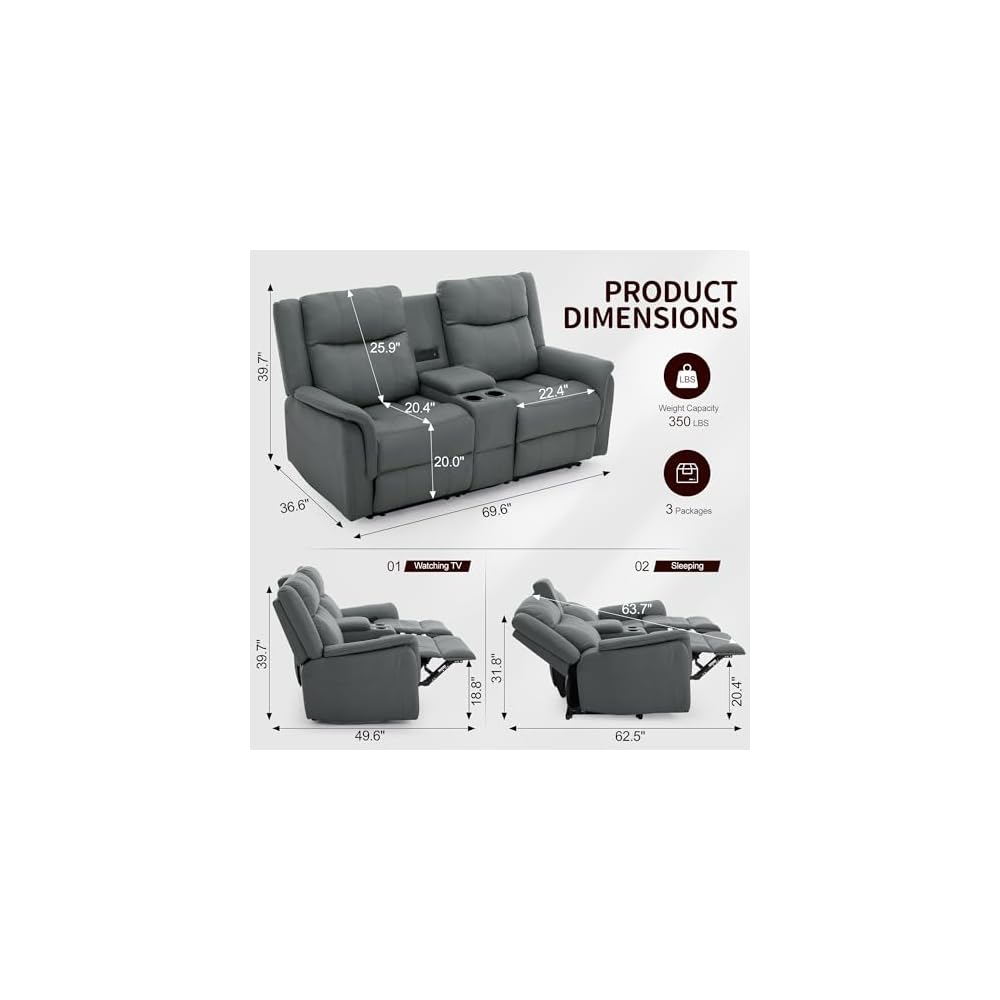 Loveseat Recliner Sofa, Reclining Loveseat Couch, Reclining Couch with Console, USB Port, US Outlets, and Cup Holders, 2-Seater Sofa for Living Room