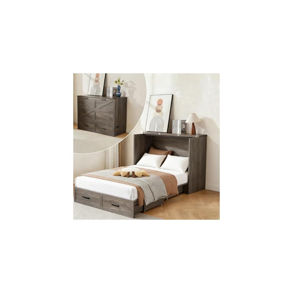 Murphy Bed, Full Farmhouse Cabinet with Charging & Storage, Rustic Grey