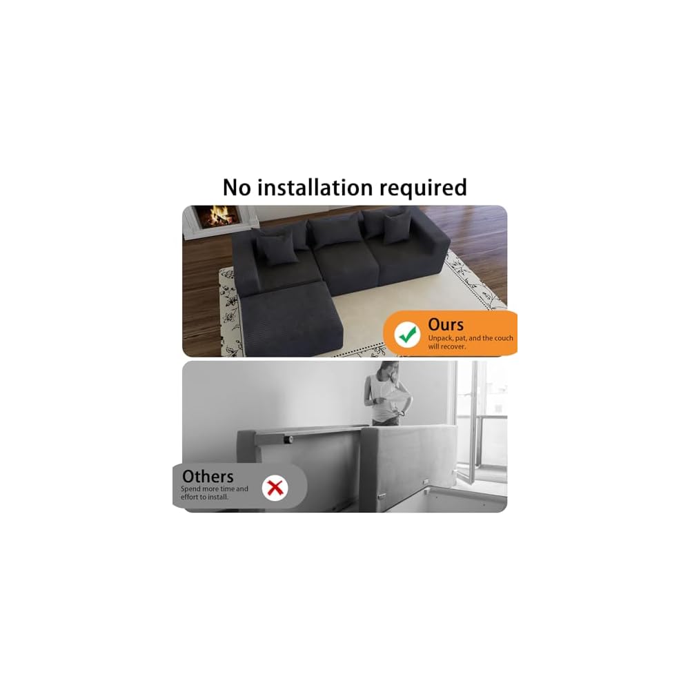 Oversized Cloud Couch Ottoman, Frameless Wide-Wale Corduroy Footrest for Living Room, High-Density All-Foam Large Rectangle Boneless Ottoman Coffee Table for Sectional Sofa (Charcoal, Ottoman)