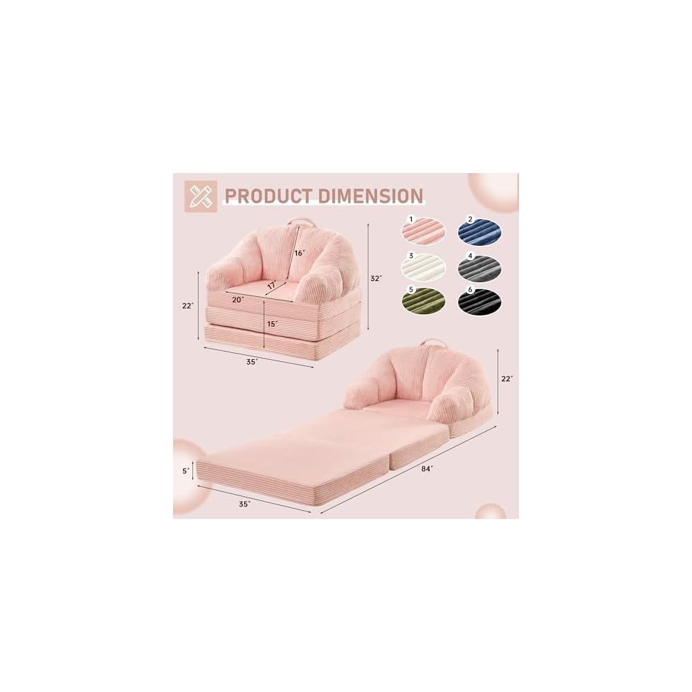 Folding Sofa Bed, 3-in-1 Convertible Boneless Couch with Handle, Floor Lounger & Sleeper Chair for Adults, Comfy Folding Couch Single Sofa for Living Room Bedroom, Pink