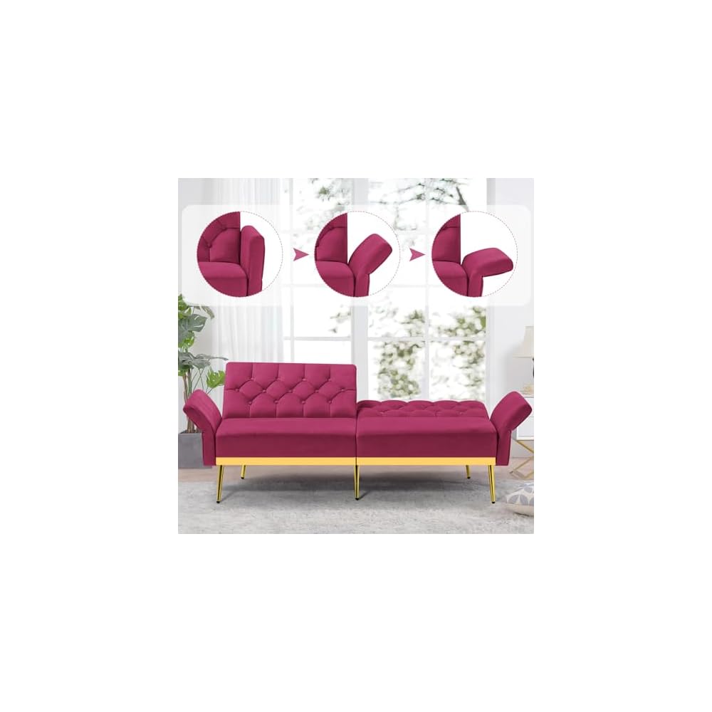 Velvet Sofa Bed w/Adjustable Armrests & Backrests, Fuchsia