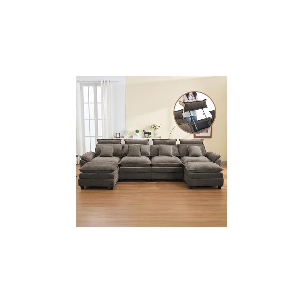 134'' Cloud Modern 4 Seater Couch with Detachable Headrest, Modular Sectional Sofa with 2 Ottomant, Oversized U Shape Chenille Comfy Sofa with Armrests for Living Room, Brown
