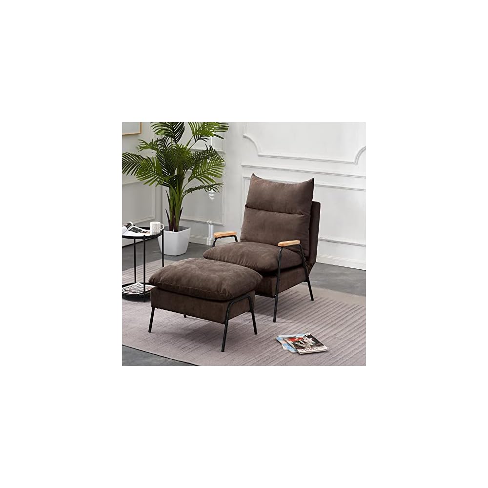 Accent Recliner Chair with Ottoman, Modern Fabric Armchair, Upholstered Sofa Bed for Living Room Bedroom, Small Space 4055 (Black Frame, Brown)