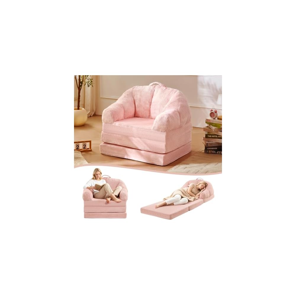 Folding Sofa Bed, 3-in-1 Convertible Boneless Couch with Handle, Floor Lounger & Sleeper Chair for Adults, Comfy Folding Couch Single Sofa for Living Room Bedroom, Pink