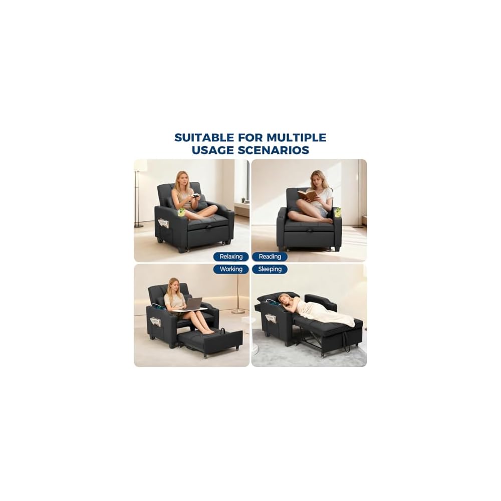4 in 1 Convertible Sleeper Chair Bed with Vibration Massage Lumbar Pillow, Single Sofa Recliner Featuring USB/Type-C Port, Cup Holders & Side Pocket, Space-Saving Pull Out Bed for Small Spaces, Black