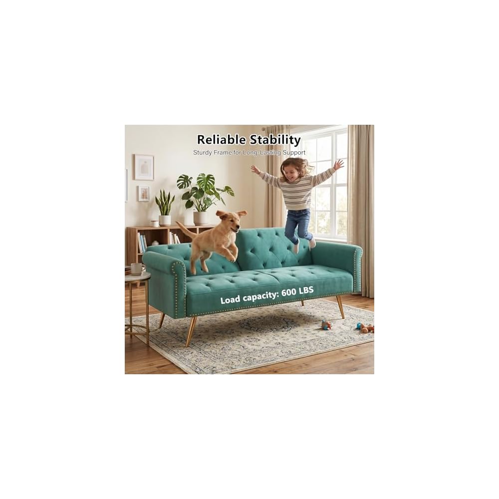 Modern 70" Velvet Sofa Bed Futon,Convertible Sleeper Couch with Adjustable Backrest, Split Back Loveseat with Golden Chrome Legs & 2 Pillows for Small Spaces,Living Room, Apartment (Green)