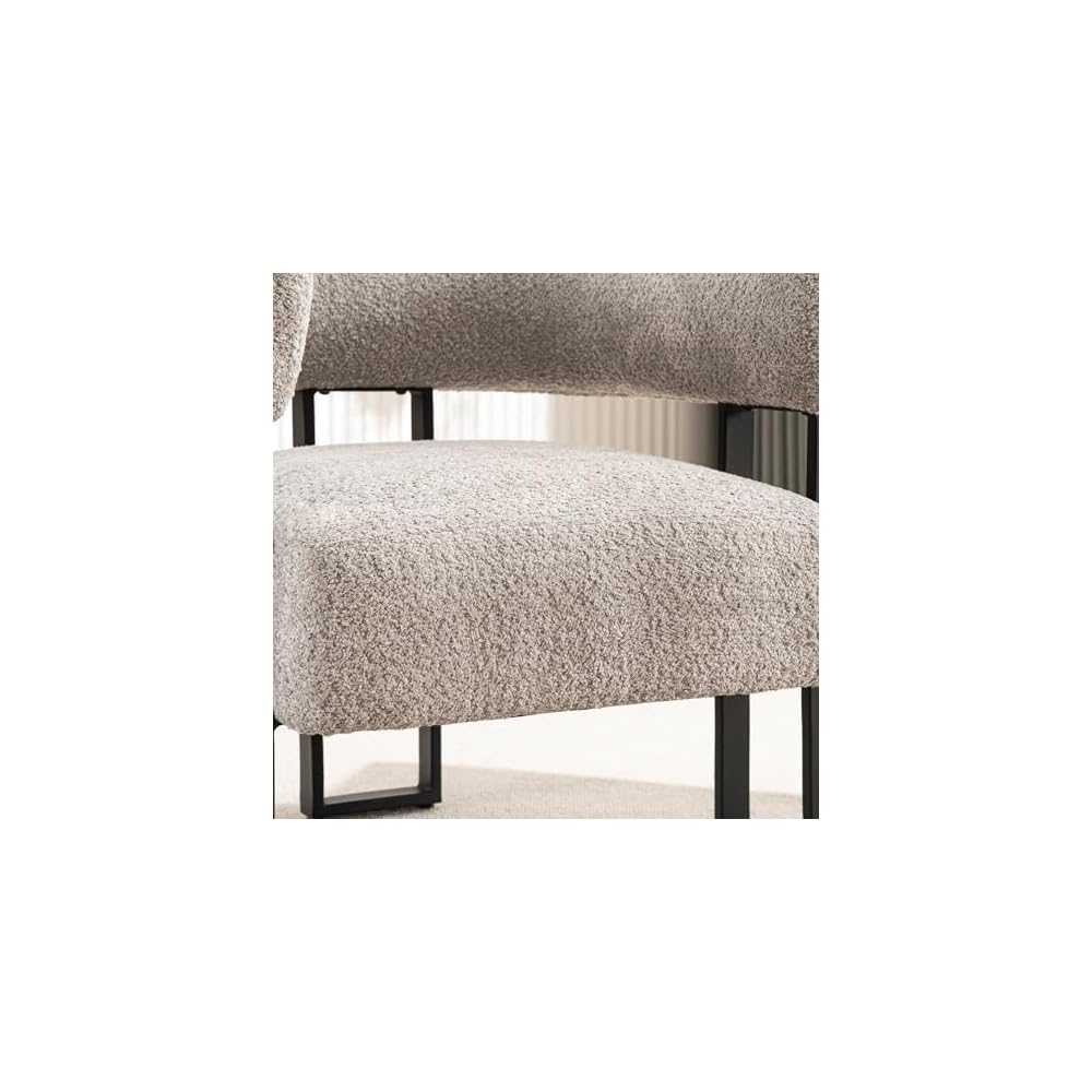 Accent Chair Grey Upholstered Teddy Velvet Single Sofa Modern Corner Round Padded Armrest Club Boucle Armchair for Living Room Bedroom Office Hotel Lounge Nursery Apartment Black Metal Stand