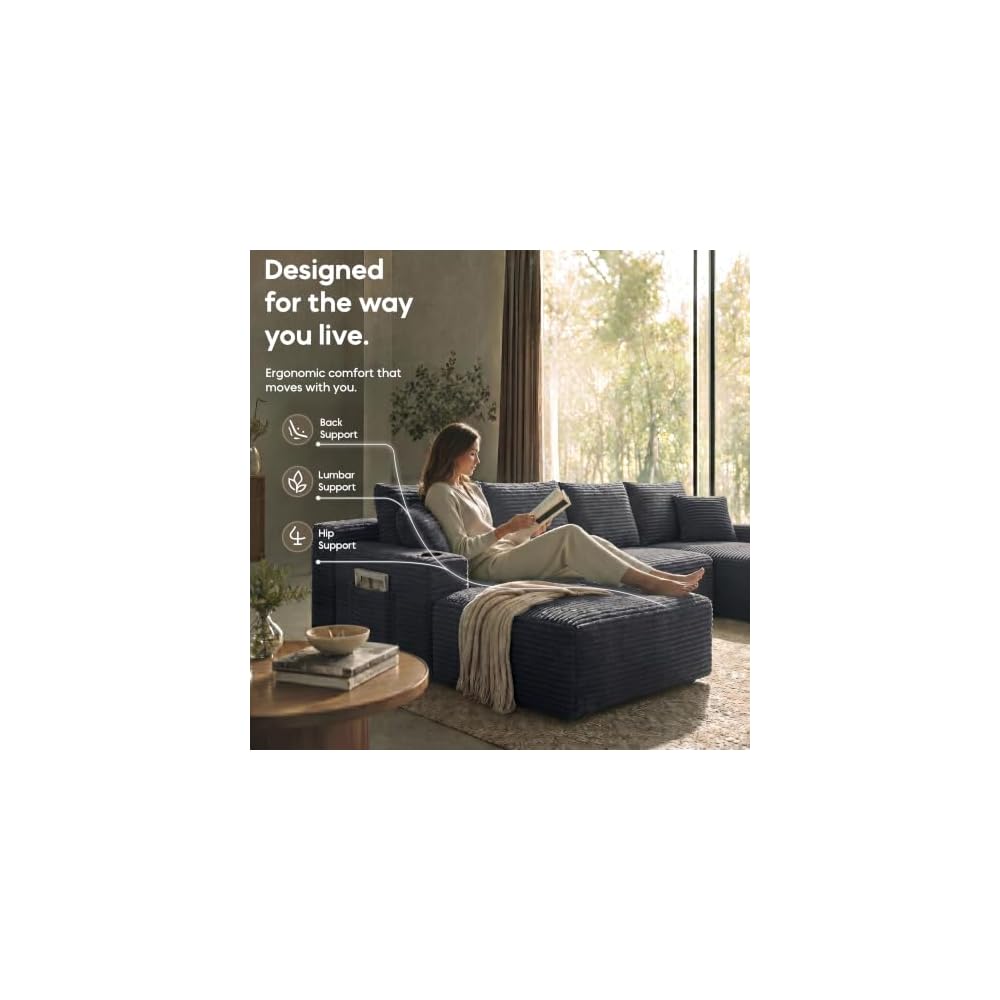 125" U Shape Sectional Couch, Boneless Couches for Living Room, Dark Grey