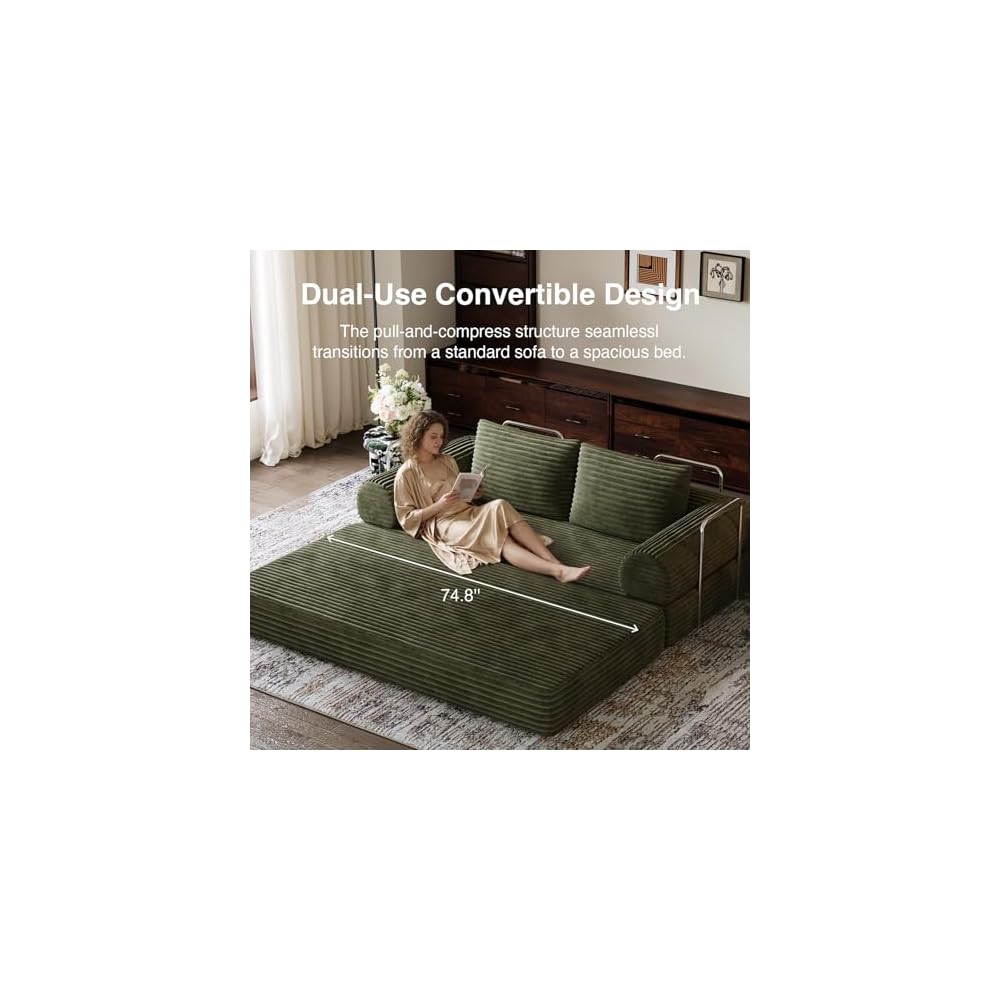 75" Convertible Futon Sofa Bed, Boneless Couch with Smarts Coil® Support & High-Density Foam, No Assembly Corduroy Folding Loveseat Floor Sleeper for Living Room, Apartment, Bedroom, Green