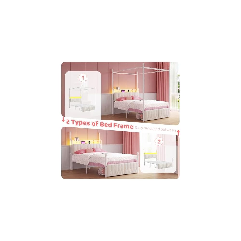 Full Canopy Bed Frame with Drawers and LED Lights & Charging,White