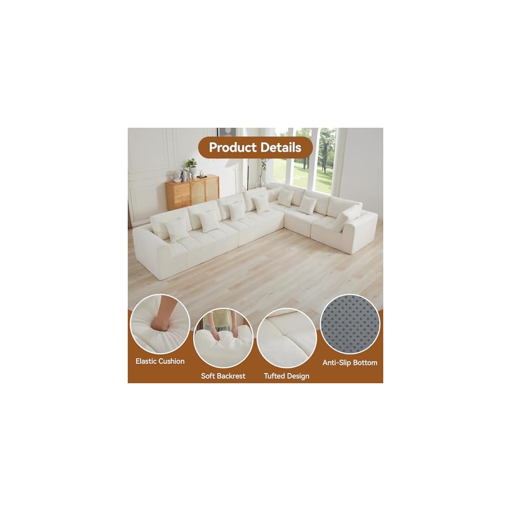 170''Modular Sectional Couches for Living Room, Cloud Boneless Compressed Sectional Sofa, Oversized L Shaped 7 Seater Upholstered Memory Foam Sofa, No Assembly, Chenille Beige