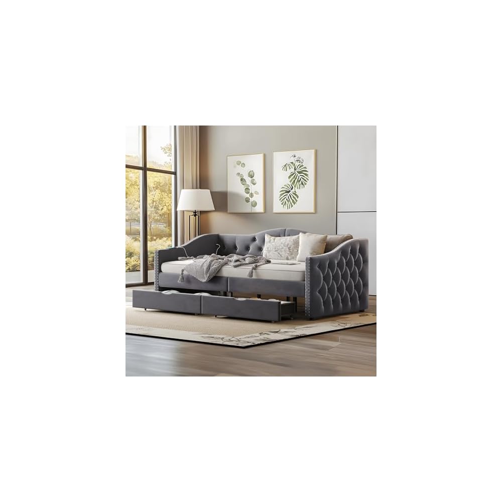 Twin Size Daybed with Storage Drawers, Upholstered Daybed, Grey
