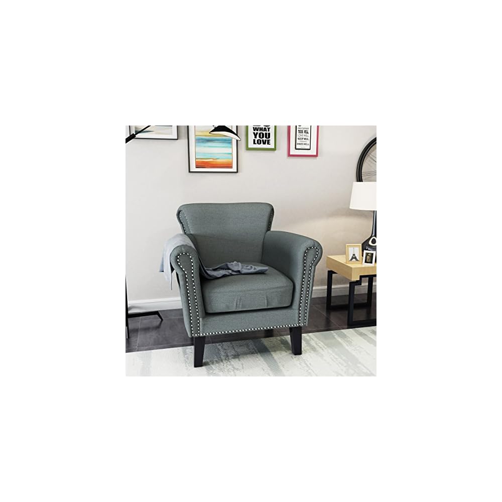 Brice Vintage Scroll Arm Studded Fabric Club Chair, Light Coffee / Dark Brown, 31D x 29.5W x 31.5H in