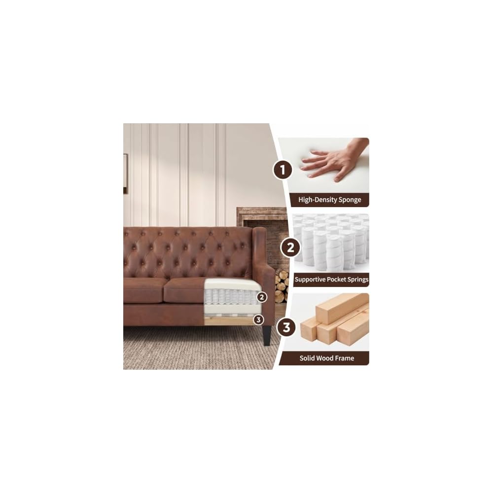 Chesterfield 3 Piece Living Room Set, 2 Tufted Accent Chairs& 3 Seat Leather Couch, Faux Leather Couch with Upholstered, Mid-Century Modern Couch Furniture for Living Room, Office, Brown