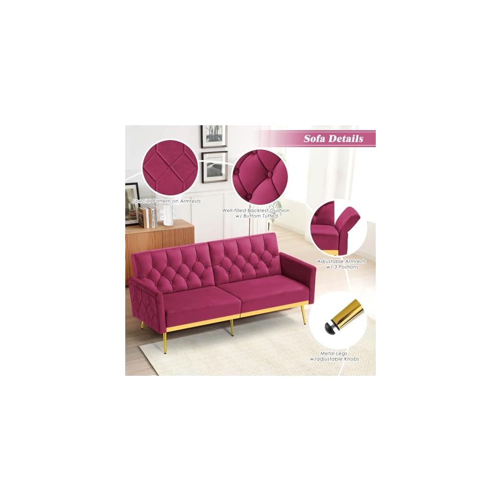 Velvet Sofa Bed w/Adjustable Armrests & Backrests, Fuchsia