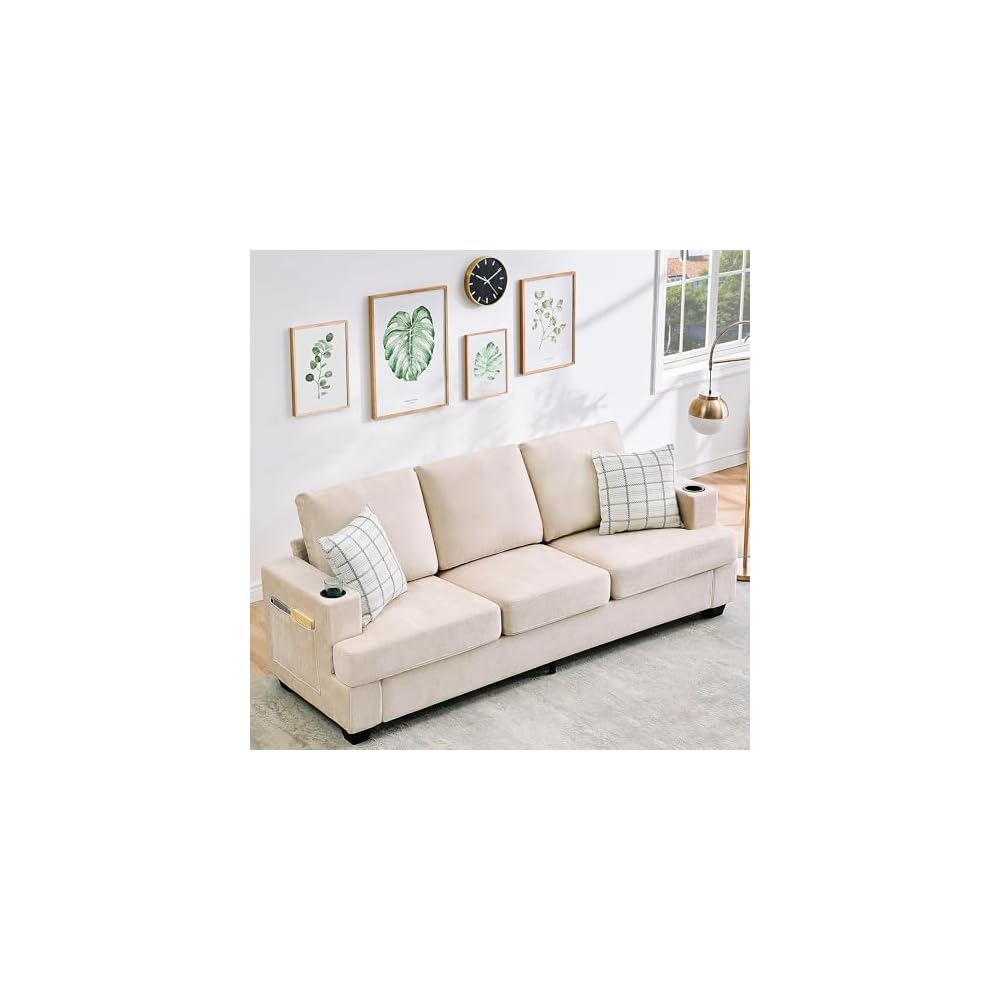 Chenille Sofa for Living Room, 89-Inch Comfy Couch with Deep Seat, Modern 3-Seater Sofa with Cup Holders and Side Storage Pockets for Apartment Lounge in Beige