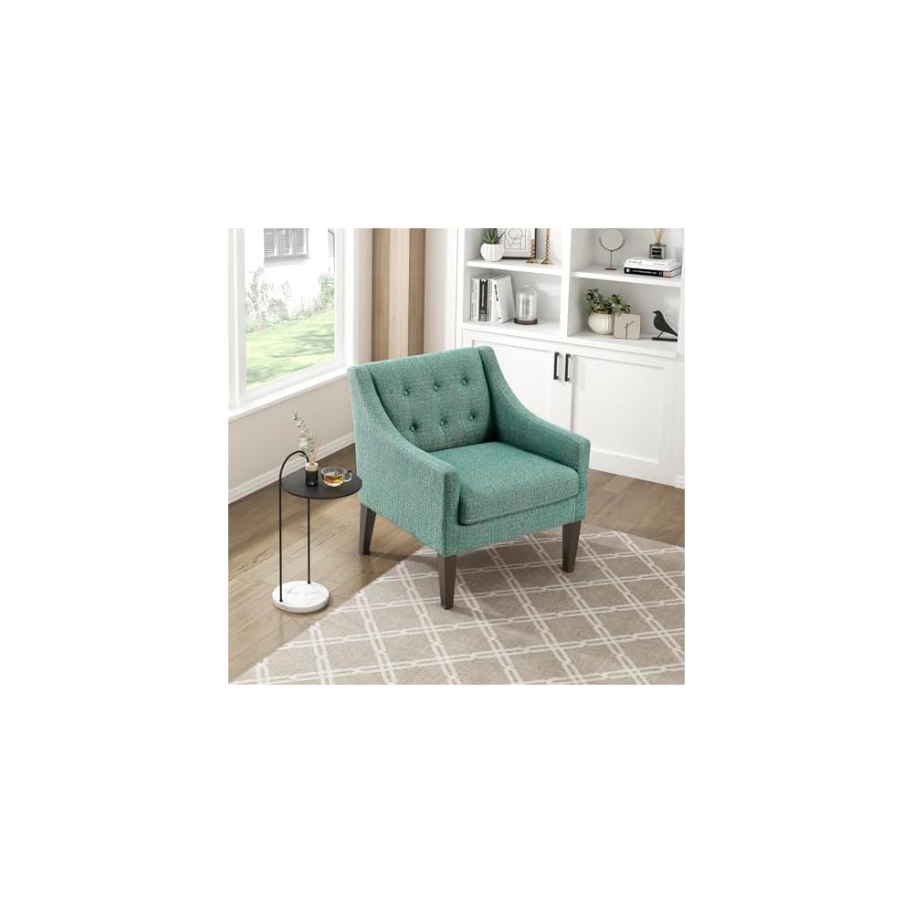 Living Room Accent Chair, Textured Fabric Upholstered Arm Chair with Button Tufted Back, Sloped Arms and Wooden Legs, Dark Gray