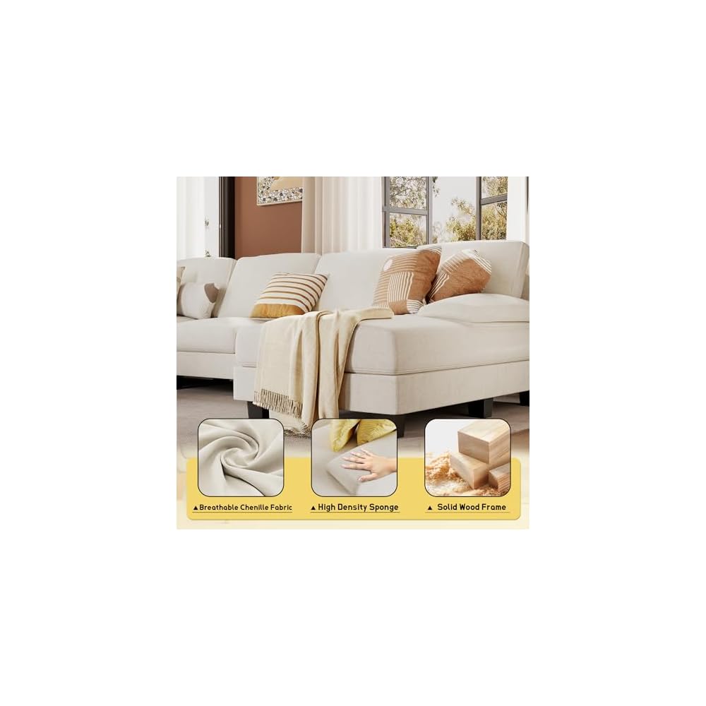 Sectional Couches for Living Room, U Shaped Couch with Chenille Fabric, 4 Seat Modern Sofa with Removable Pillows for Apartment and Small Space (Fabric, White)