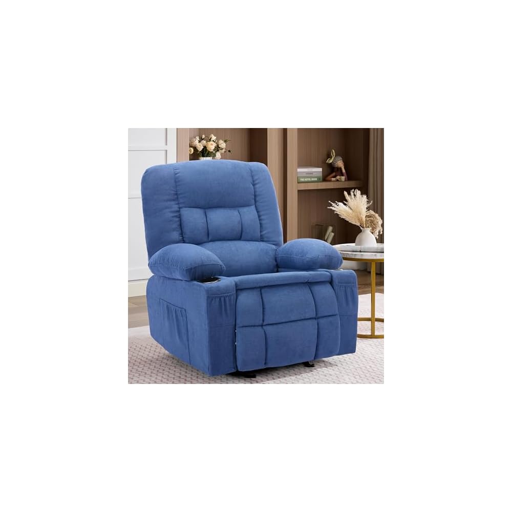 Rocker Recliner Chair with Massage and Heat, Nursery Rocking Chairs for Living Room, Ergonomic Comfy Relining Chair with Cup Holders, USB Charge Port, Side Pockets, Comfortable Arm, Single Sofa, Beige
