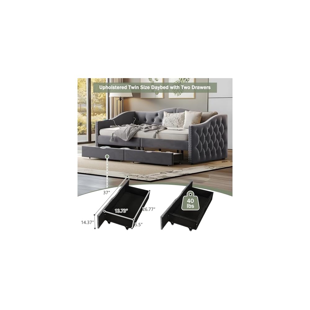 Twin Size Daybed with Storage Drawers, Upholstered Daybed, Grey