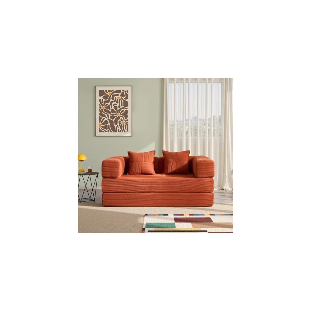 Sofa Bed, 62'' Folding Floor Couch, Compressed Convertable Sleeper Sofa, Memory Foam Couch with Pillow Back Support Armrest, 4-in-1 Futon Sofa Bed for Living Room, Tangerine