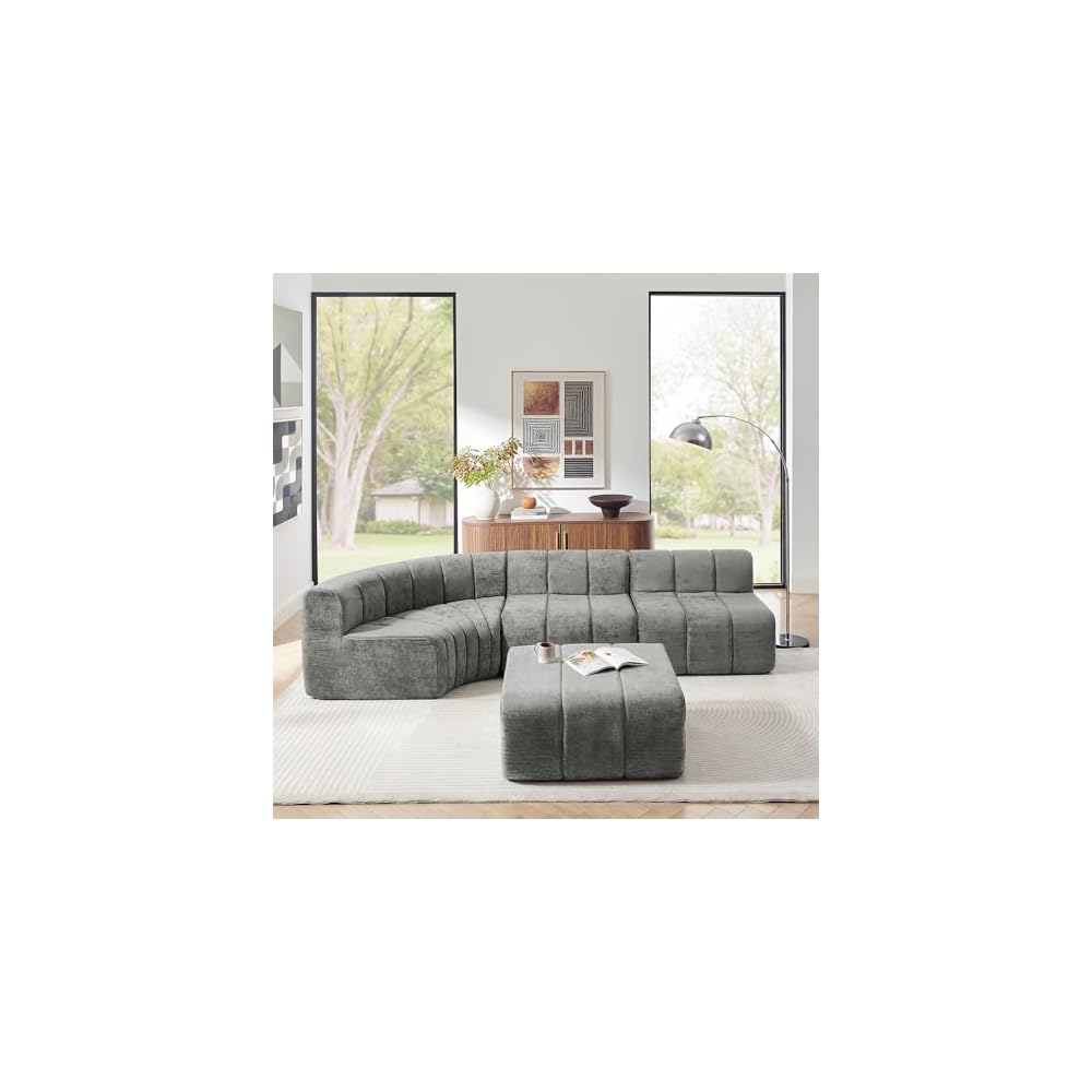 Modular Chenille Sectional Sofa with Curved L-Shape Design & Detachable Ottoman, Soft High-Density Fabric for Living Room, Apartment, Small Space, No Assembly Required, Dark Gray