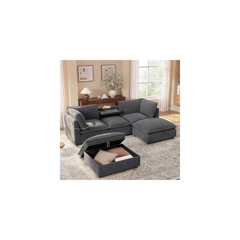 98" Modular Sectional Sofa with Movable Storage Ottoman, U-Shaped Cloud Couch with Fold-Down Backrest Table, Charing Ports, Cup Holders, Chenille Deep Seat Sectional Couches for Living Room, Gray