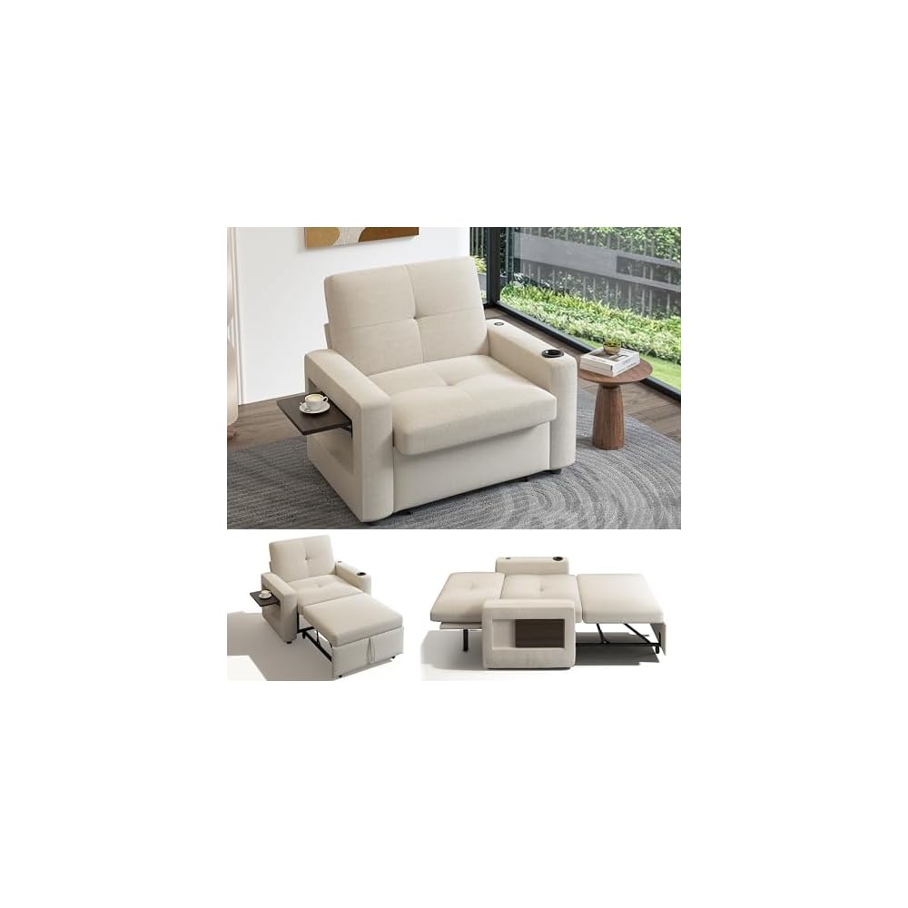 42.5" W Sleeper Chair Bed with Pull Out Bed, 3-in-1 Convertible Sleeper Sofa Chair with Adjustable Reclining Backrest, USB Ports, Side Table, Cup Holder, Side Pockets, Premium Beige Color